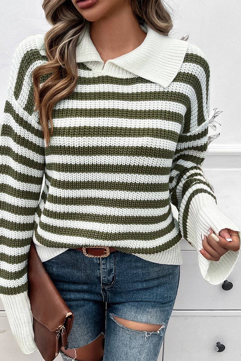 CWOSWL6817_CASUAL LOOSE LAPEL STRIPED LONG SLEEVE SWEATER