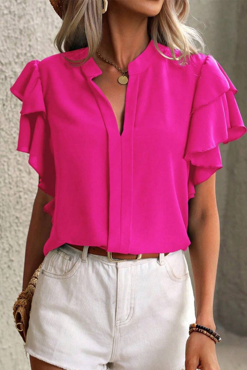 CWTSTS0666_SUMMER V-NECK CASUAL RUFFLE SLEEVE SHIRT