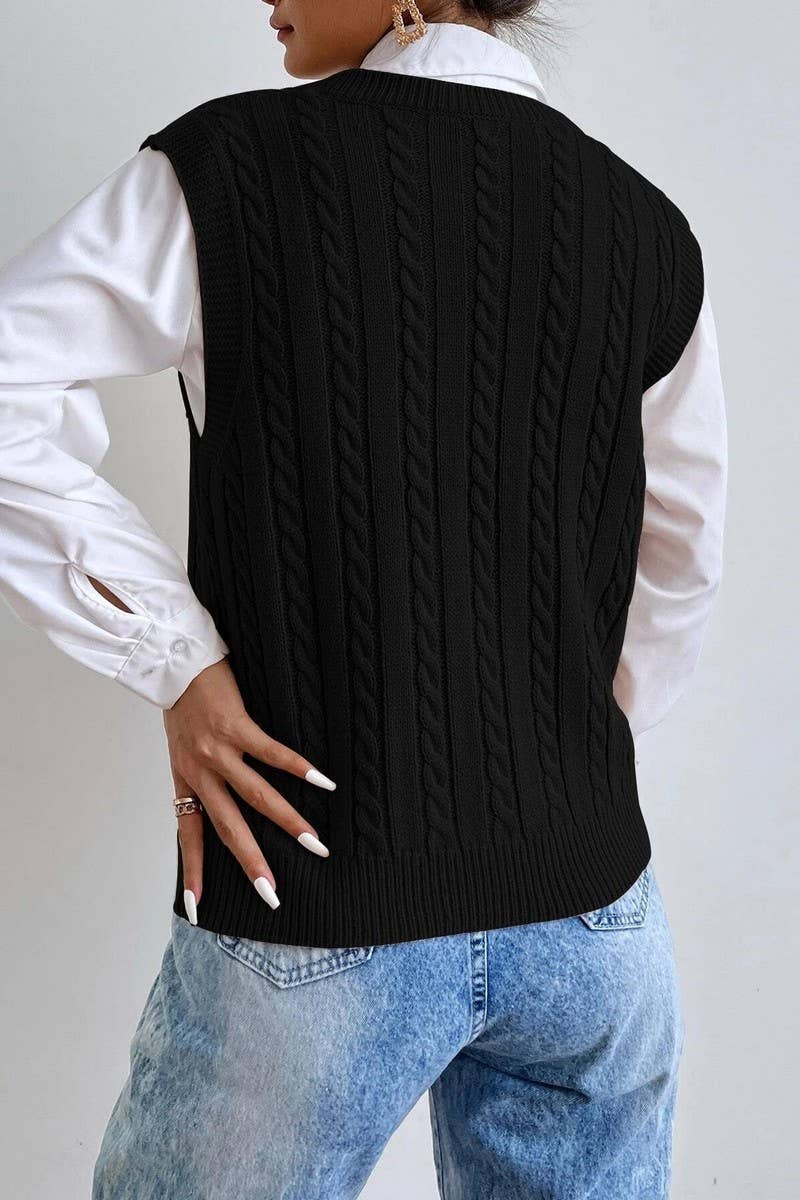 CWOV0577_V-NECK SOLID COLOR CABLE KNIT SWEATER VEST