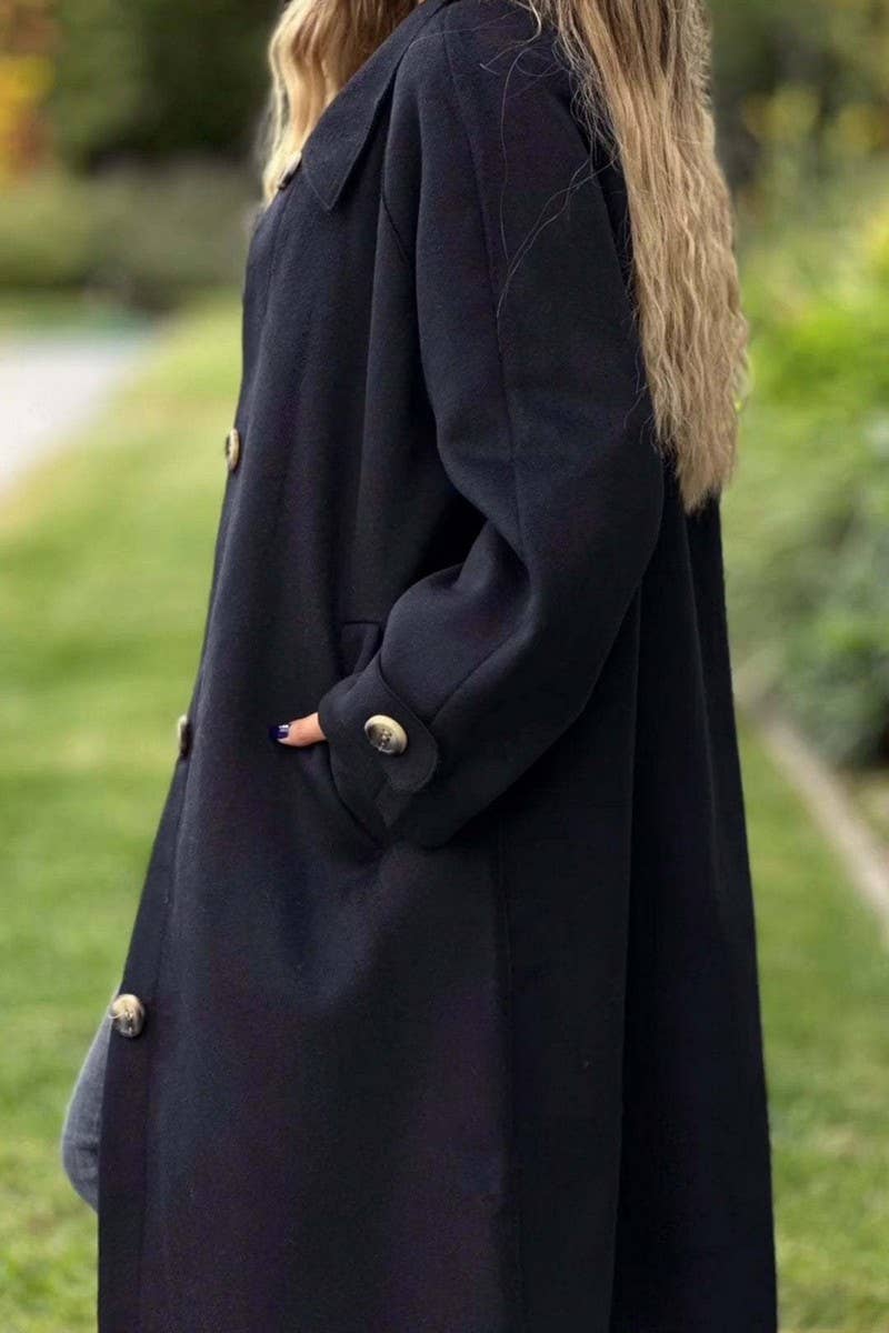 CWOCO1086_CASUAL BUTTON LONG SOLID COLOR WOOLEN COAT