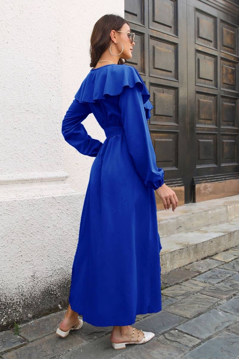 CWDMD3959_AUTUMN RUFFLED LONG-SLEEVED LACE-UP DRESS