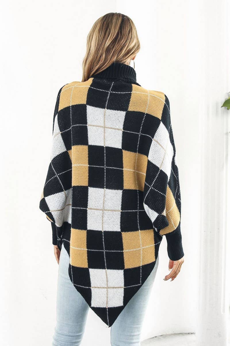 CWOSWL4078_PLAID JACQUARD CAPE MIDI HIGH NECK KNIT TOP