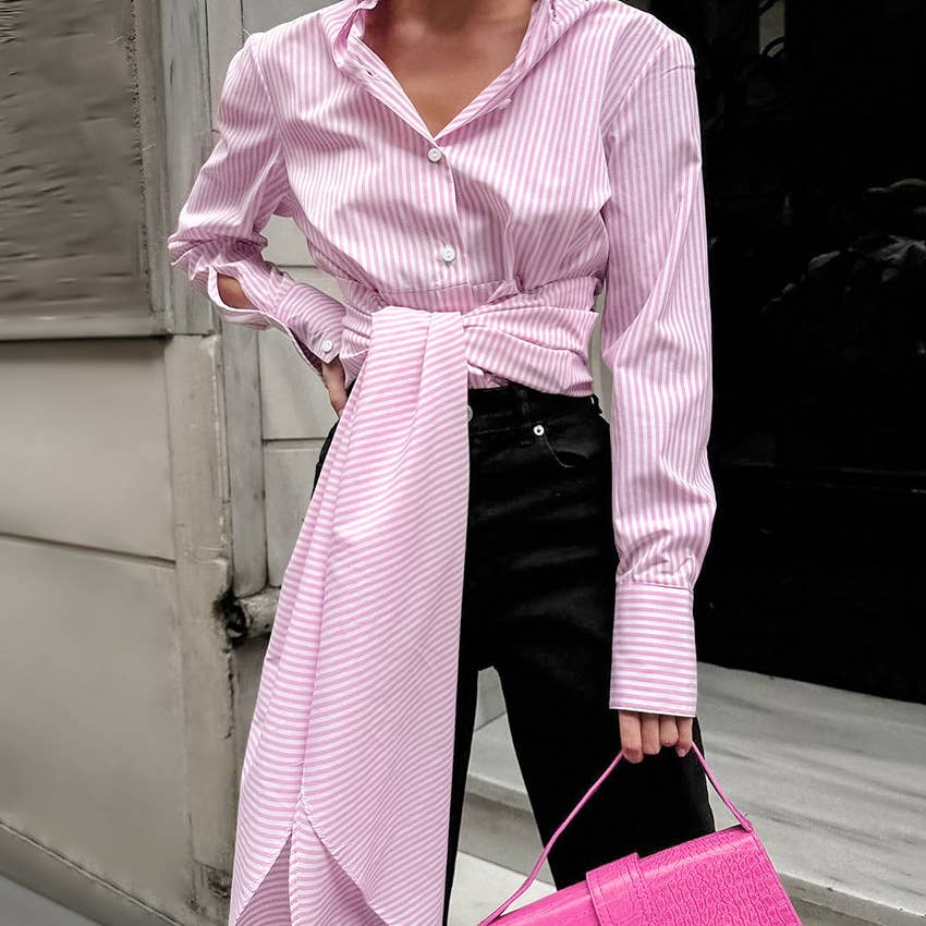 Chic sriped tie waist button down shirt