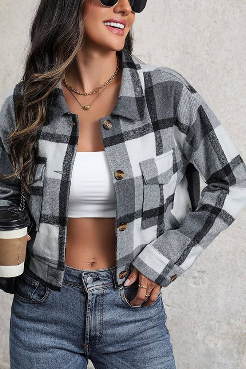 CWOJA0824_CROPPED PLAID CARDIGAN LAPEL JACKET