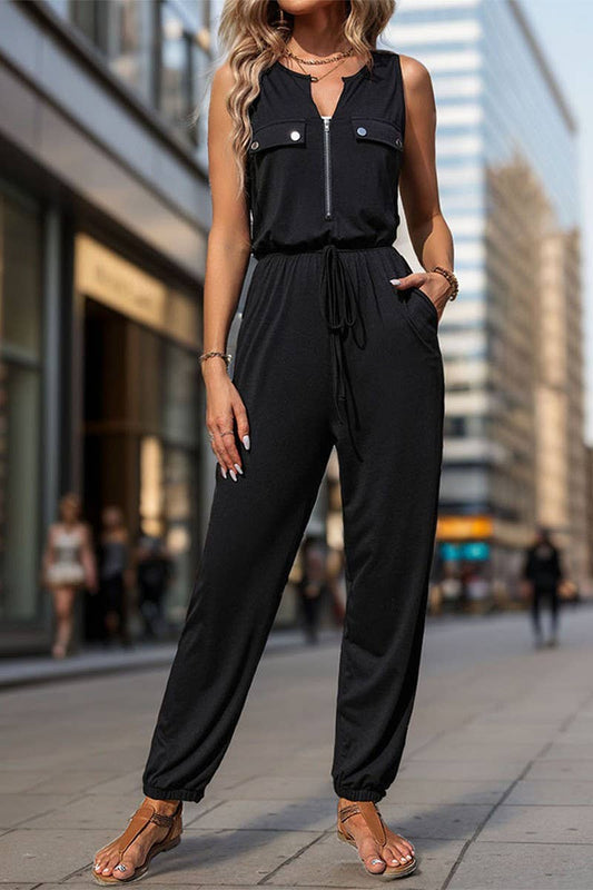 CWSJS1676_BLACK SLEEVELESS ZIPPER CREW NECK JUMPSUIT