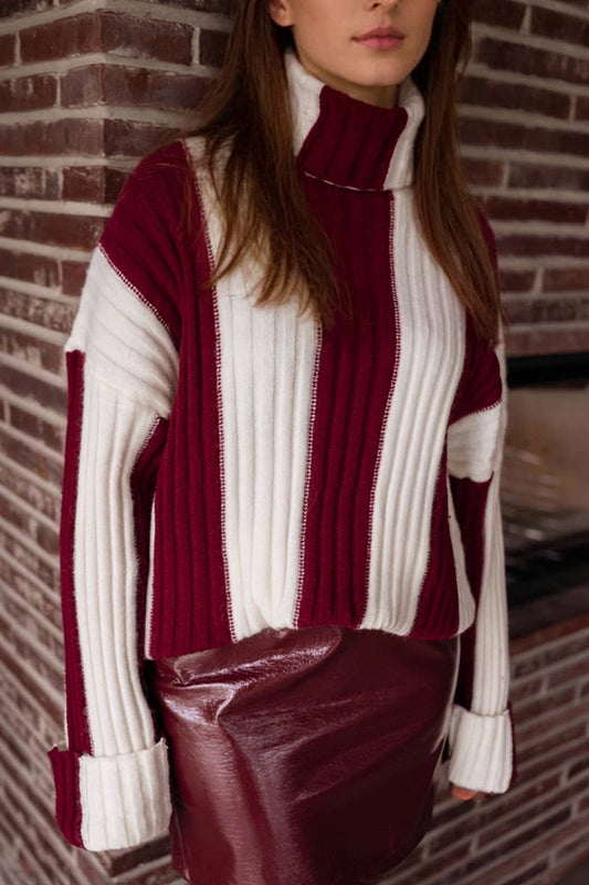 CWOSWL6947_STRIPED KNIT PATCHWORK TURTLENECK SWEATER