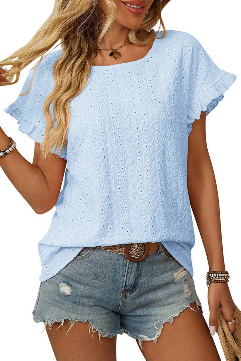 CWTBLS1710_SOLID COLOR ROUND NECK SHORT SLEEVE HOLLOW TOP