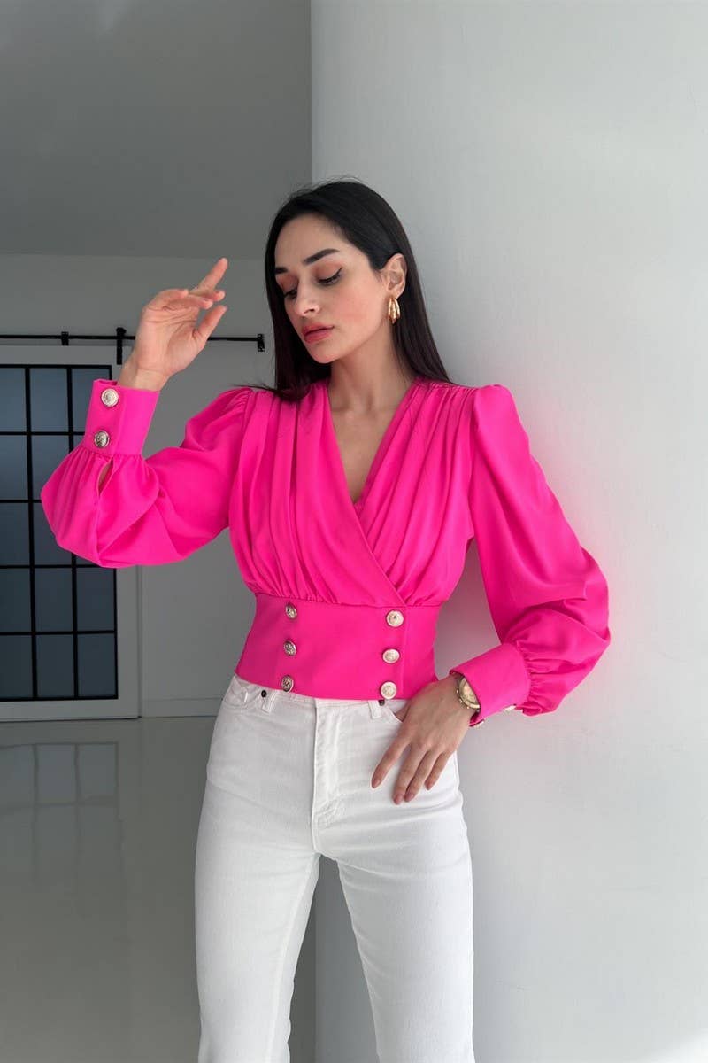 CWTBLL3693_V-NECK SEXY WAIST PUFF SLEEVE SOLID COLOR SHIRT