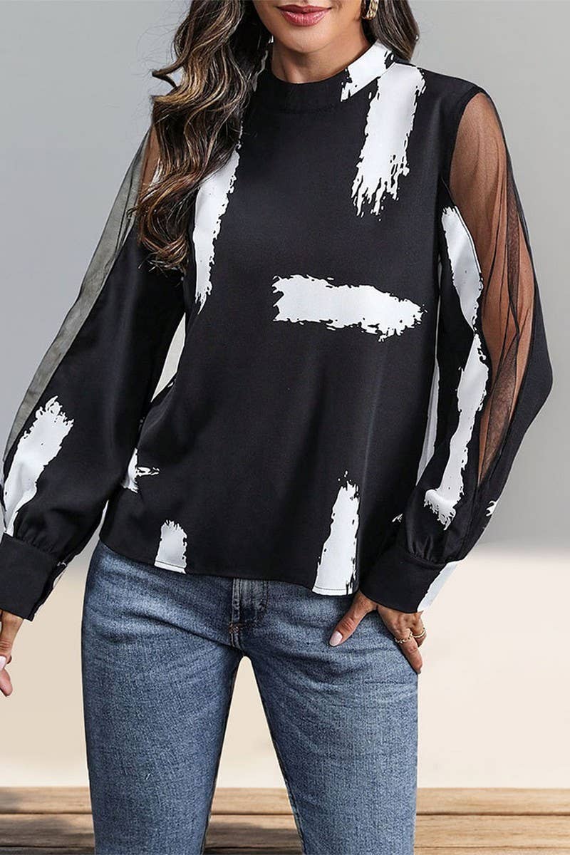 CWTTL1969_LACE STITCHING STAND COLLAR ELEGANT COMMUTER SHIRT