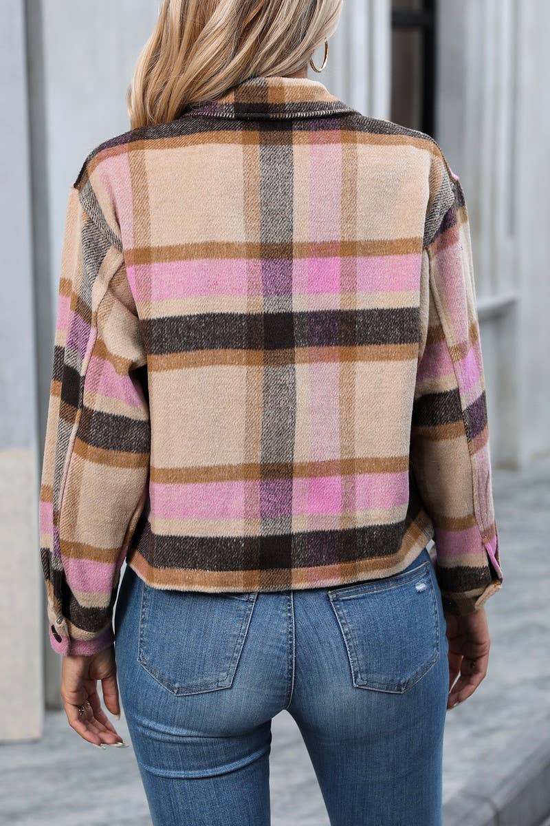 CWOCO1100_LAPEL LONG SLEEVE POCKET PLAID SHORT COAT