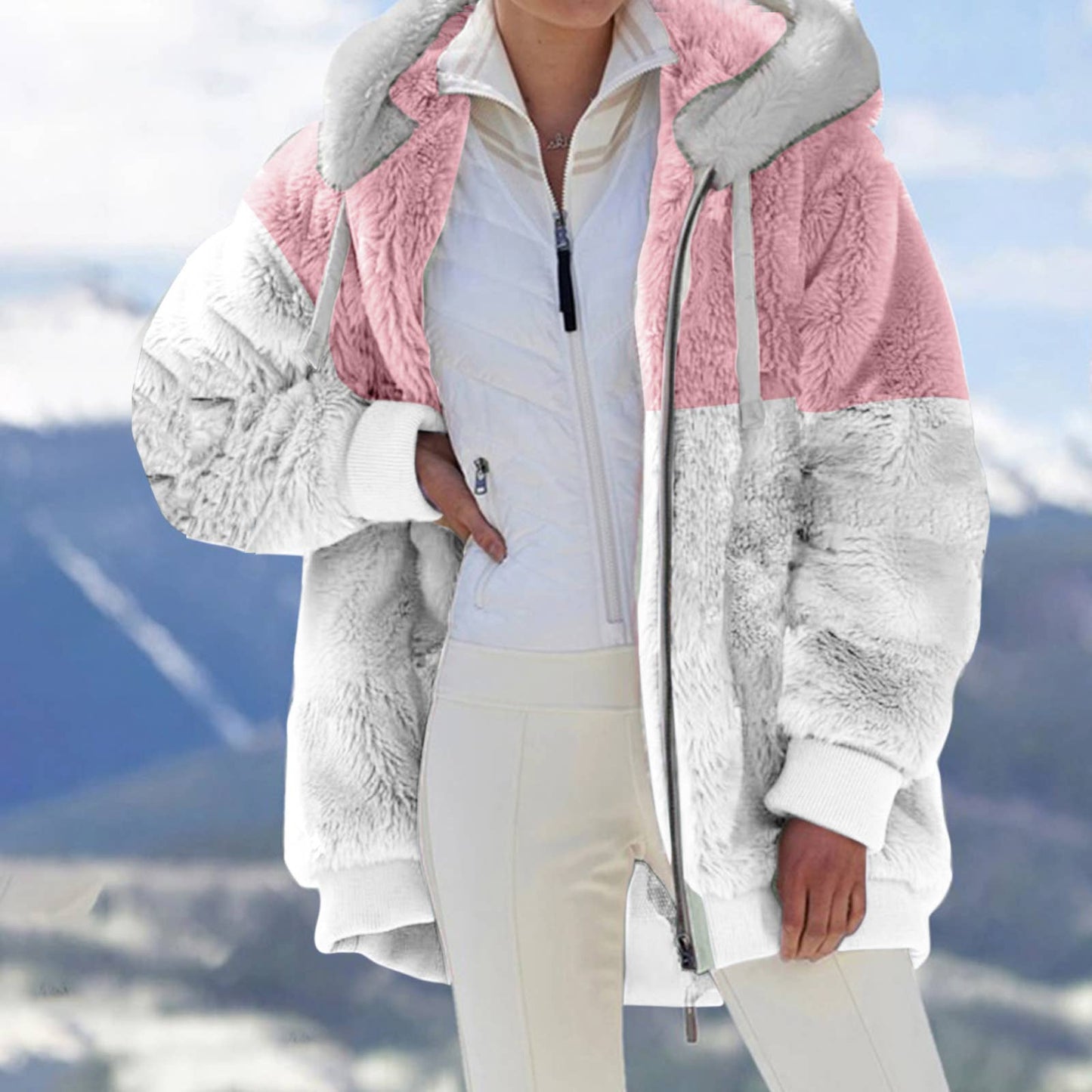 Fleece patchwork zipper pocket hooded loose jacket
