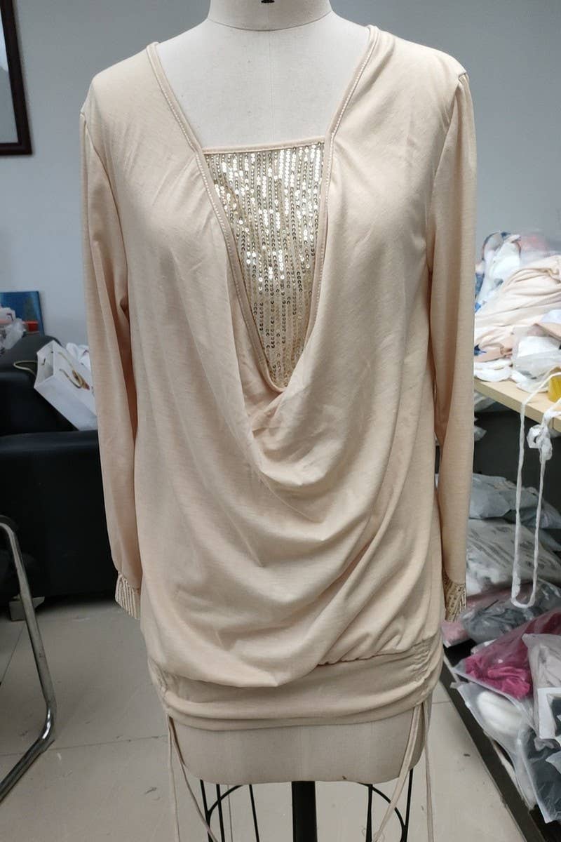 CWTBLL2791_U-NECK SOLID COLOR SEQUINED LONG-SLEEVED TOP