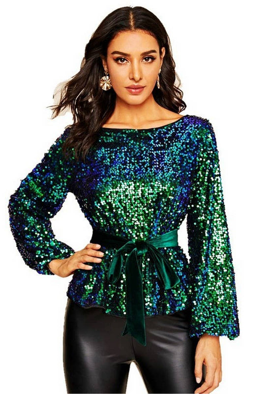 CWTBLL3459_VELVET BELTED SEQUINED LONG SLEEVE PULLOVER