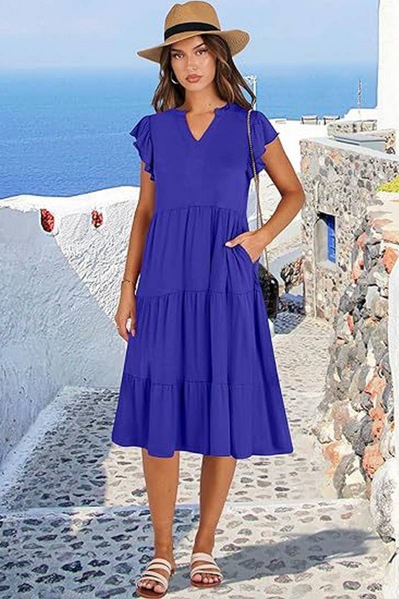 CWDMD6340_V-NECK RUFFLE SLEEVES WIDE POCKET DRESS