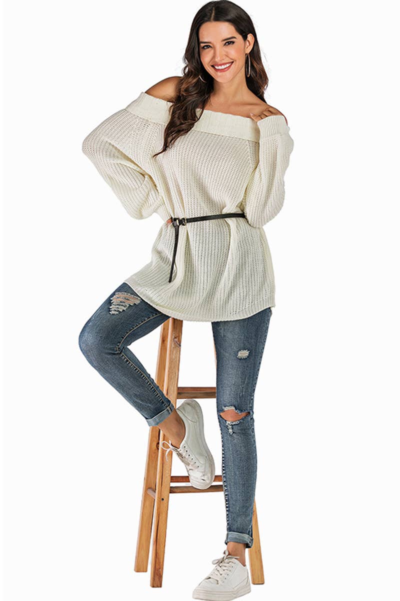 BAT-SLEEVED LINE-NECK SOLID COLOR BASE SWEATER