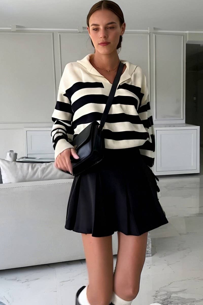 CWOSWL6954_COLORBLOCK STRIPED COLLARED KNIT PULLOVER SWEATER