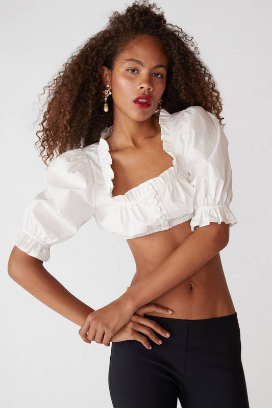 CWTBLS2074_DECORATIVE BUTTON RUFFLED CASUAL SHORT TOP