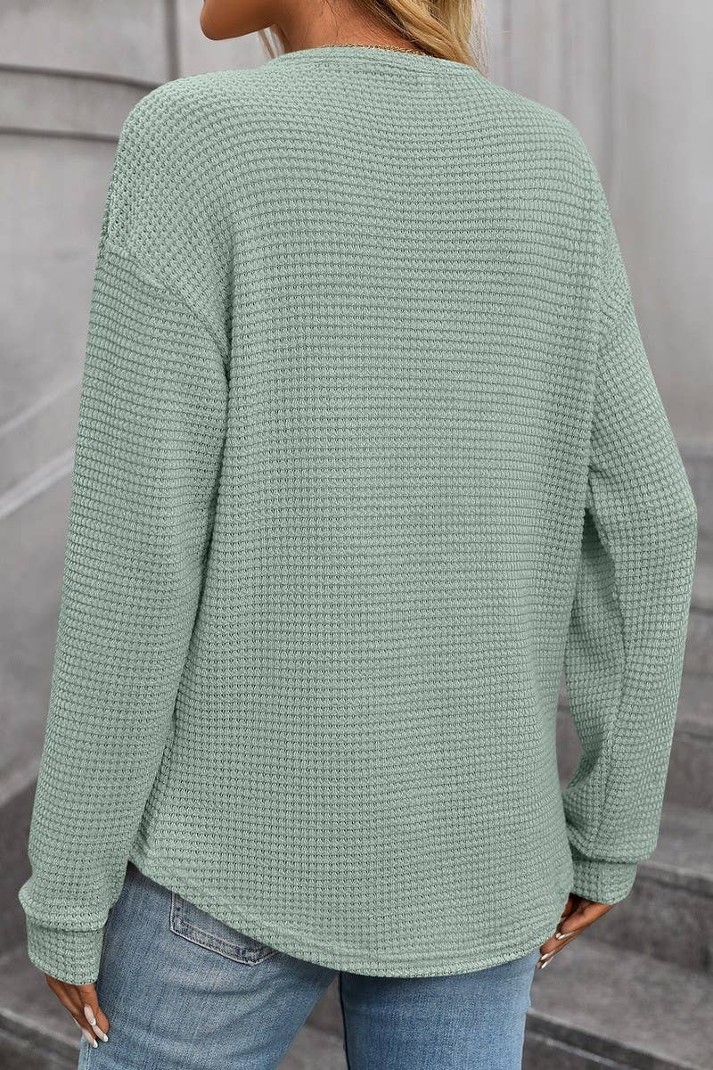 CWTBLL1821_WAFFLE SOLID COLOR ROUND NECK POCKET LOOSE TOP
