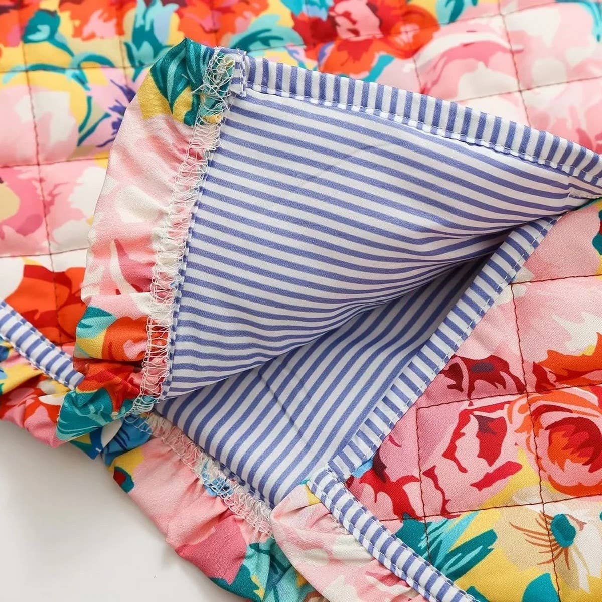 FLORAL PRINT CREW NECK PUFF SLEEVE QUILTED JACKETS