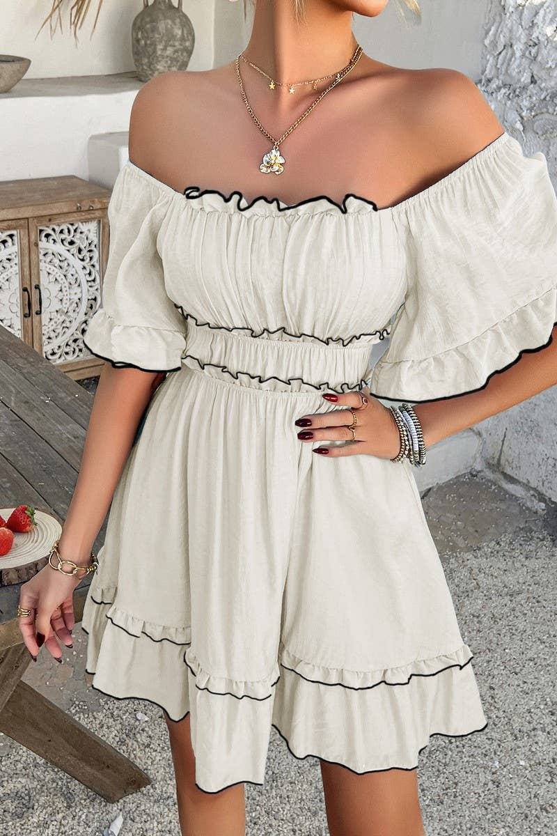 CWDSD7875_SUMMER SOLID COLOR RUFFLED SHORT-SLEEVED DRESS