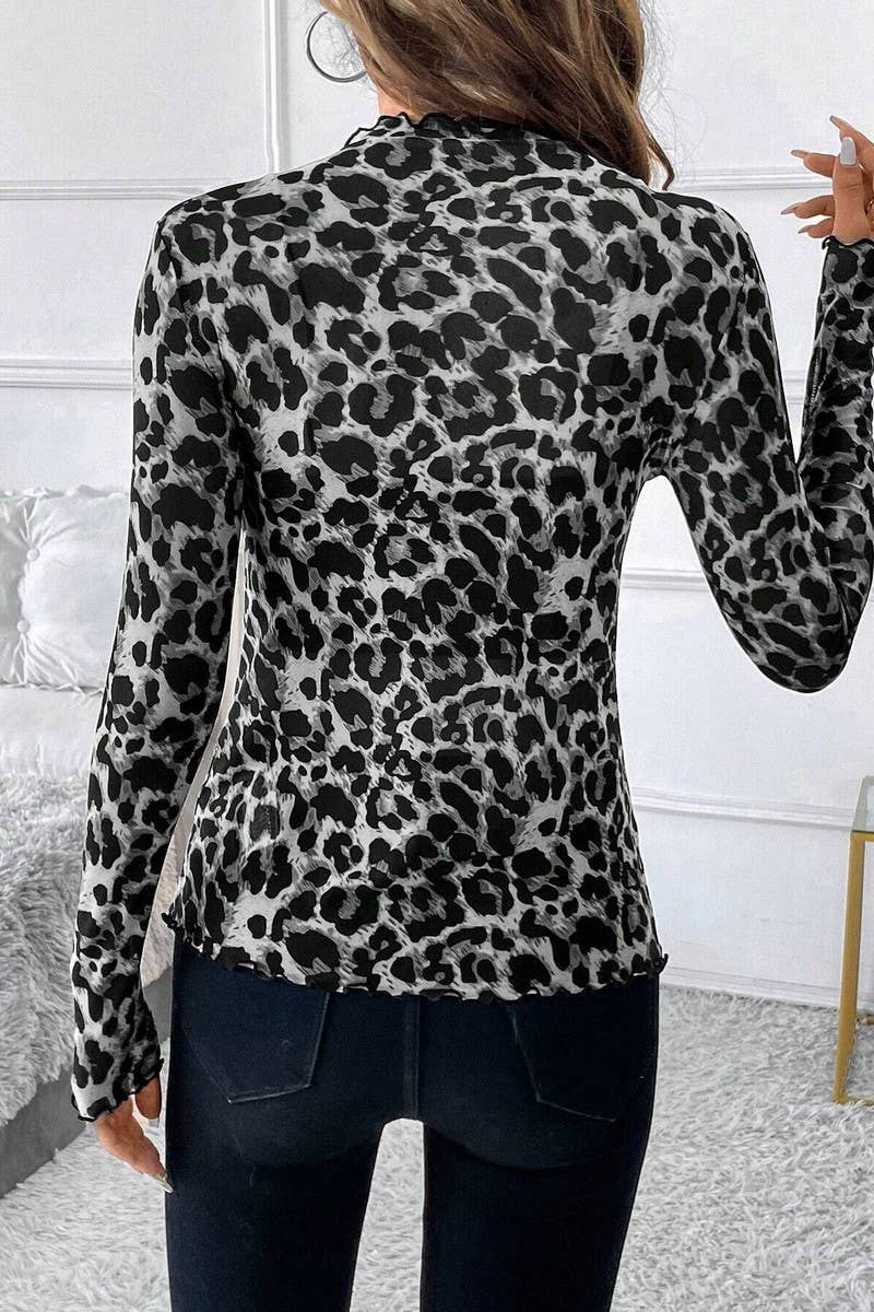 CWTBLL3467_LEOPARD PRINT MESH RUFFLED SLIM FIT TOP