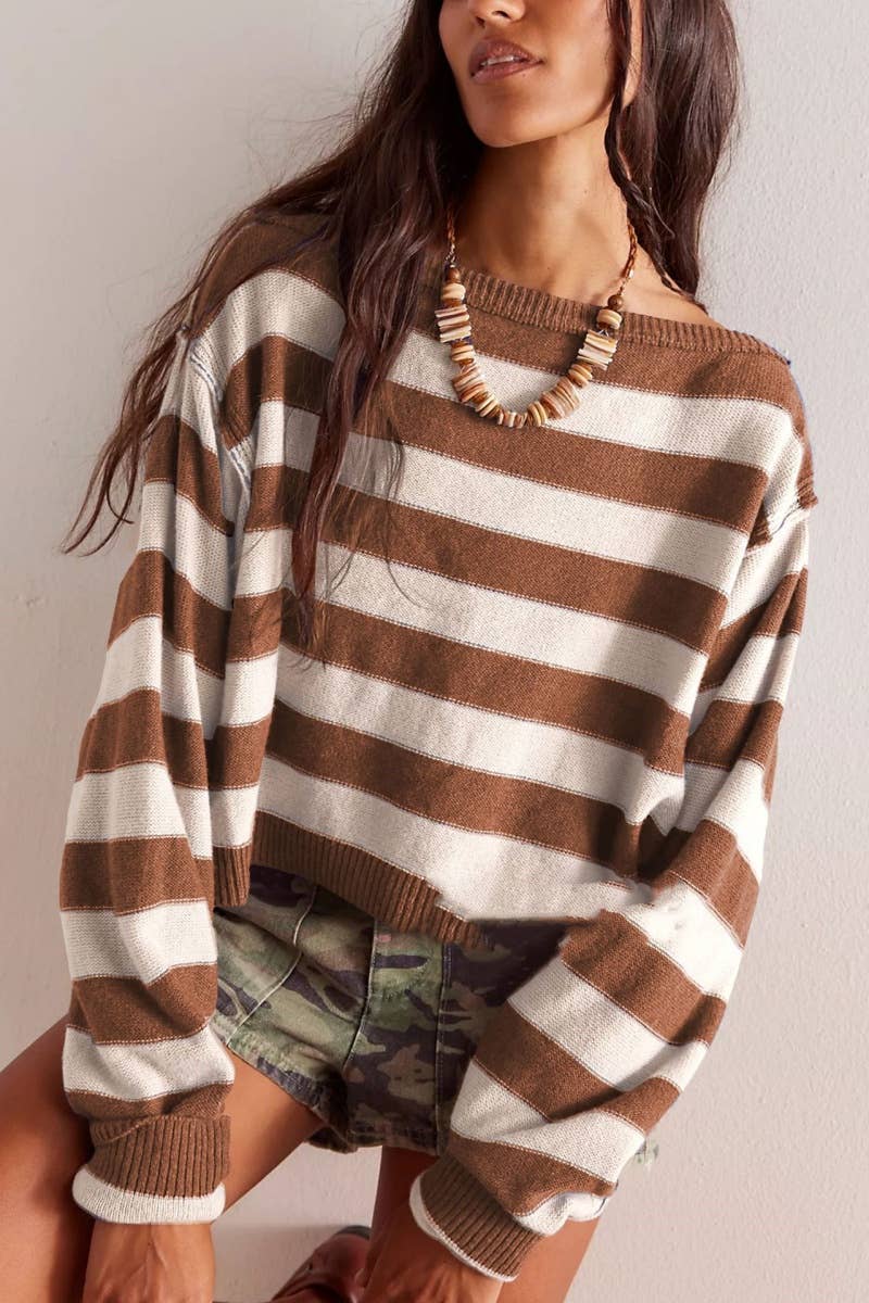 CWOSWL5845_WINTER STRIPED LONG-SLEEVED KNIT SWEATER
