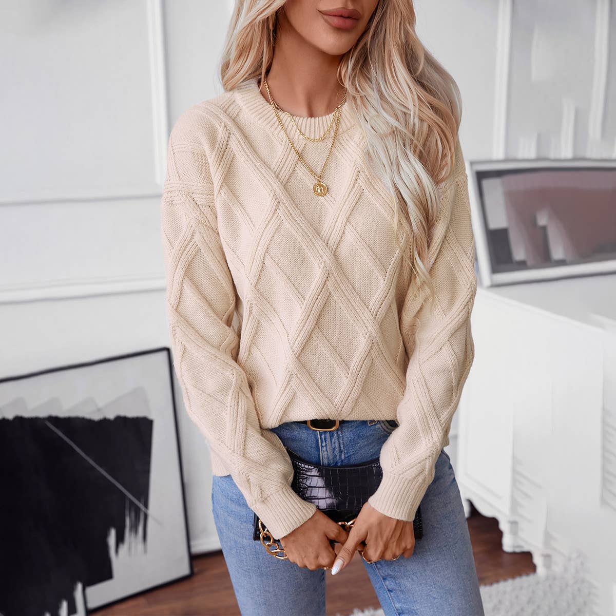 DIAMOND CHECK CREW NECK PULLOVER SWEATER