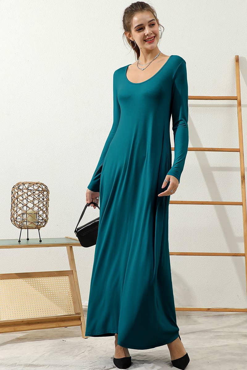 CWDMD799-P_R NECK LOOSE FIT MAXI DRESS WITH SIDE POCKETS