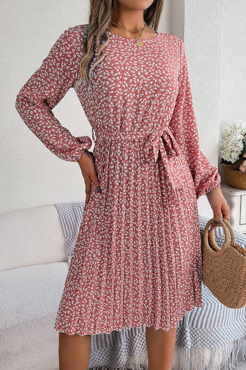 CWDSD4657_LONG-SLEEVED FLORAL PLEATED ONE-PIECE SKIRT