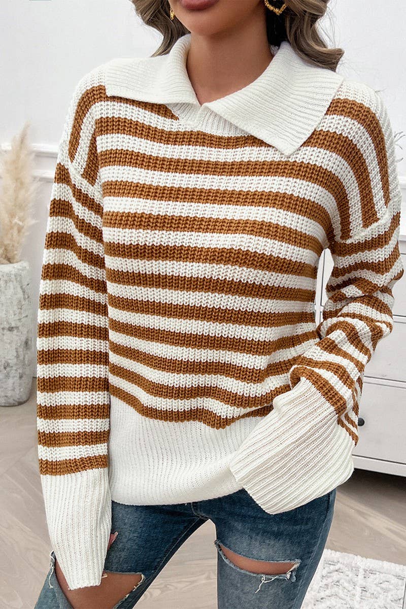 CWOSWL6817_CASUAL LOOSE LAPEL STRIPED LONG SLEEVE SWEATER