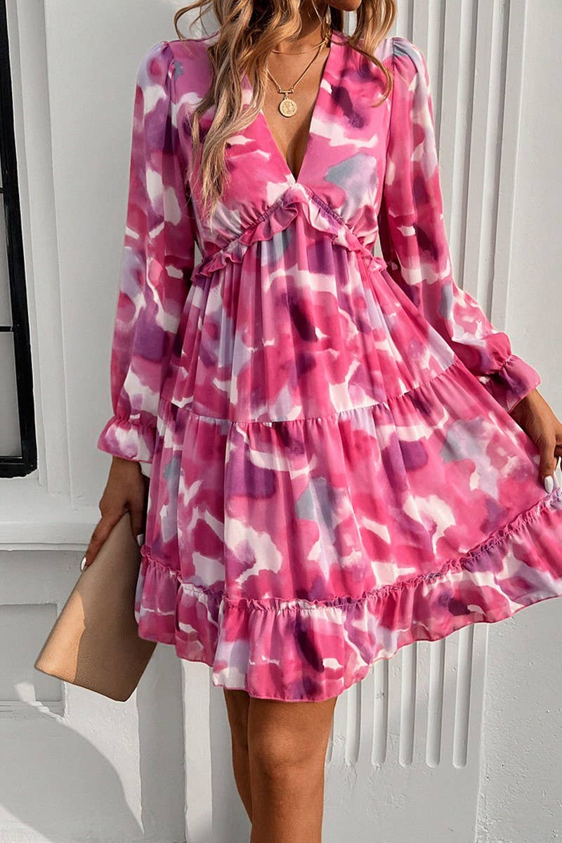 CWDSD7137_ELEGANT PRINTED V NECK LONG SLEEVE DRESS