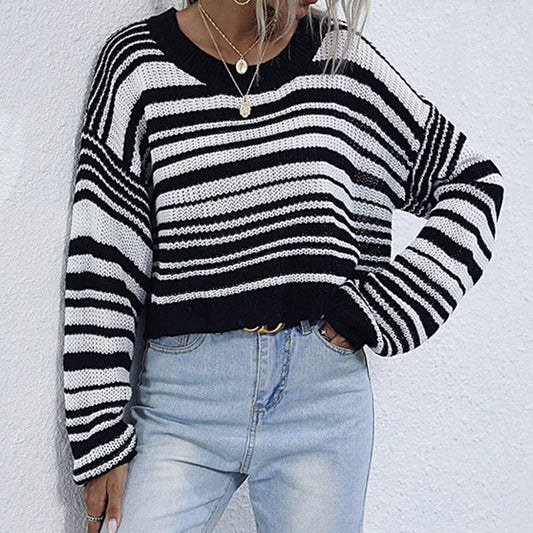 CREW NECK SWEATER SHORT STRIPED COLOR SWEATER