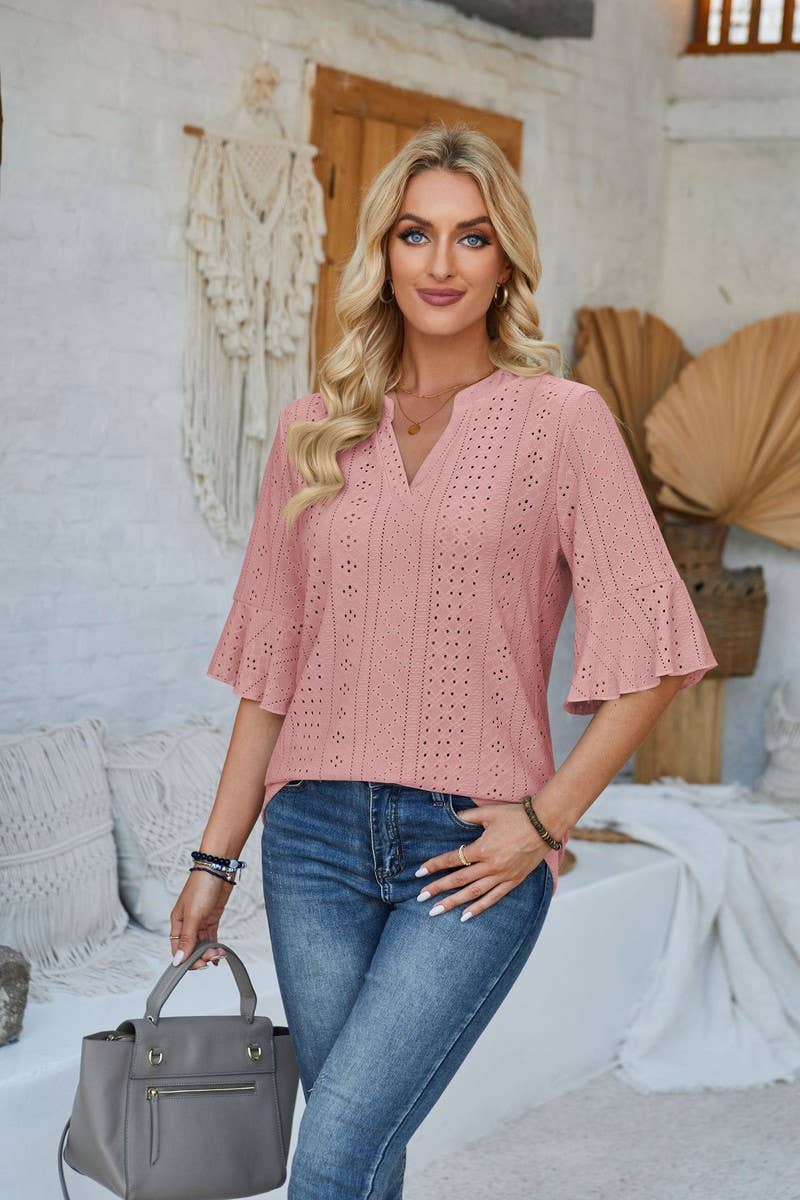 CWTTS00711_LOOSE V-NECK THREE-QUARTER SLEEVE TOP