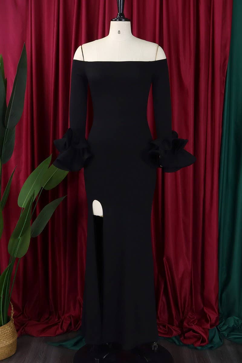 CWDMD1729_ONE SHOULDER SLIT RUFFLE SLEEVE EVENING MAXI DRESS