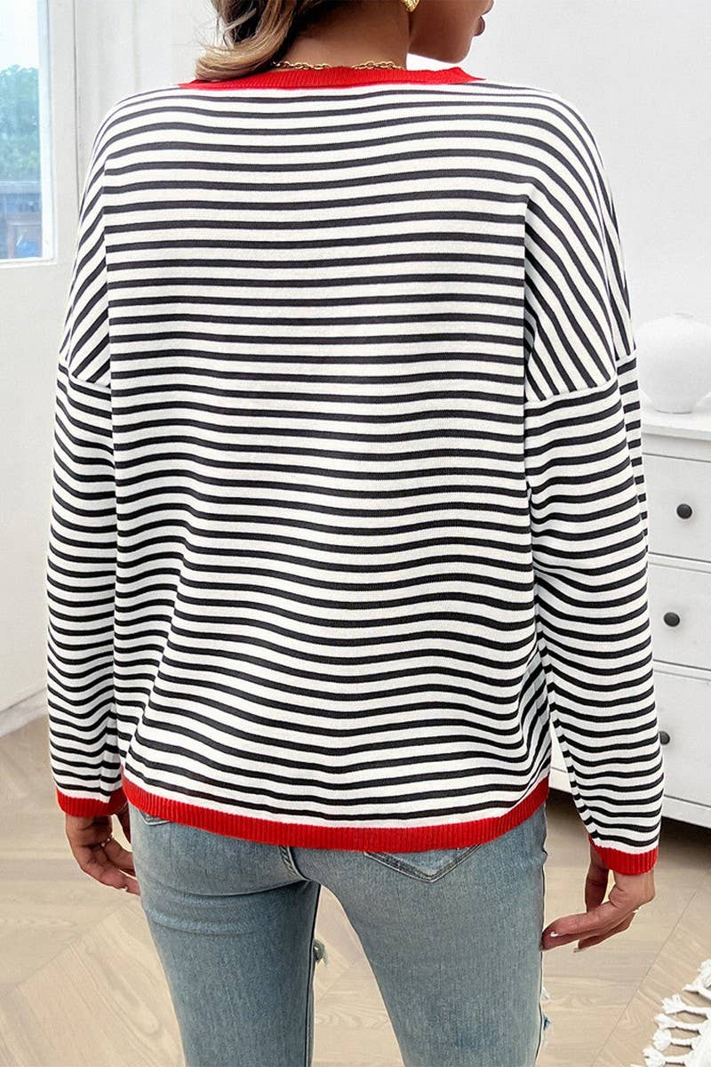 CWOSWL2129_CASUAL ROUND NECK STRIPED KNITTED SWEATER