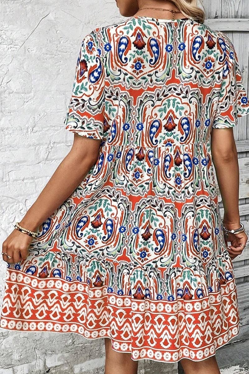 CWDSD4887_V-NECK SHORT SLEEVE BOHO PRINT DRESS SHORT