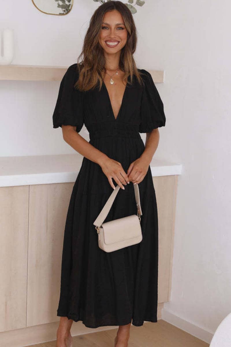 CWDMD1911_WOMEN'S SEXY DEEP V MID-SLEEVE LONG DRESS