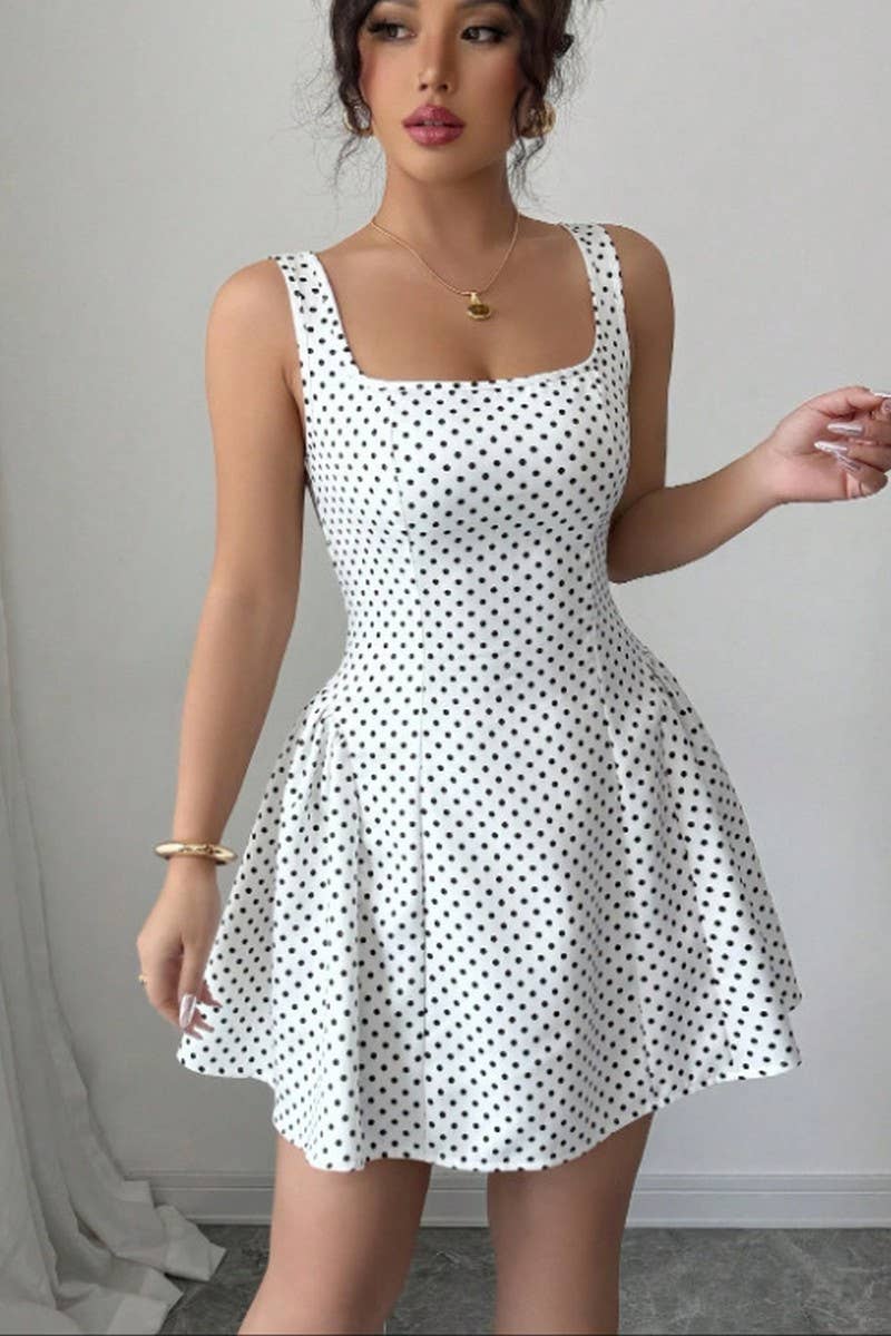CWDSD10511_PURE DESIRE STYLE SLIM SQUARE NECK POLKA DOT DRES