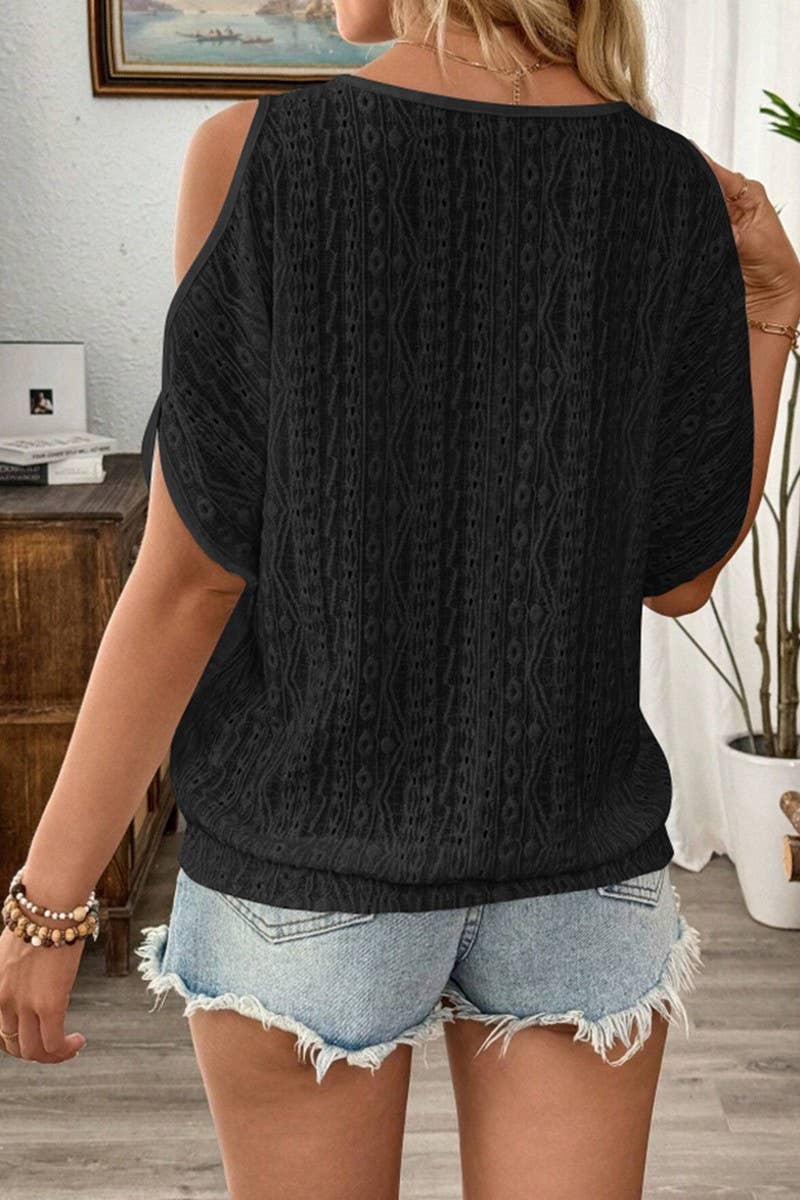 CWTBLS2261_SOLID COLD SHOULDER BATWING SLEEVE CUTOUT TEE