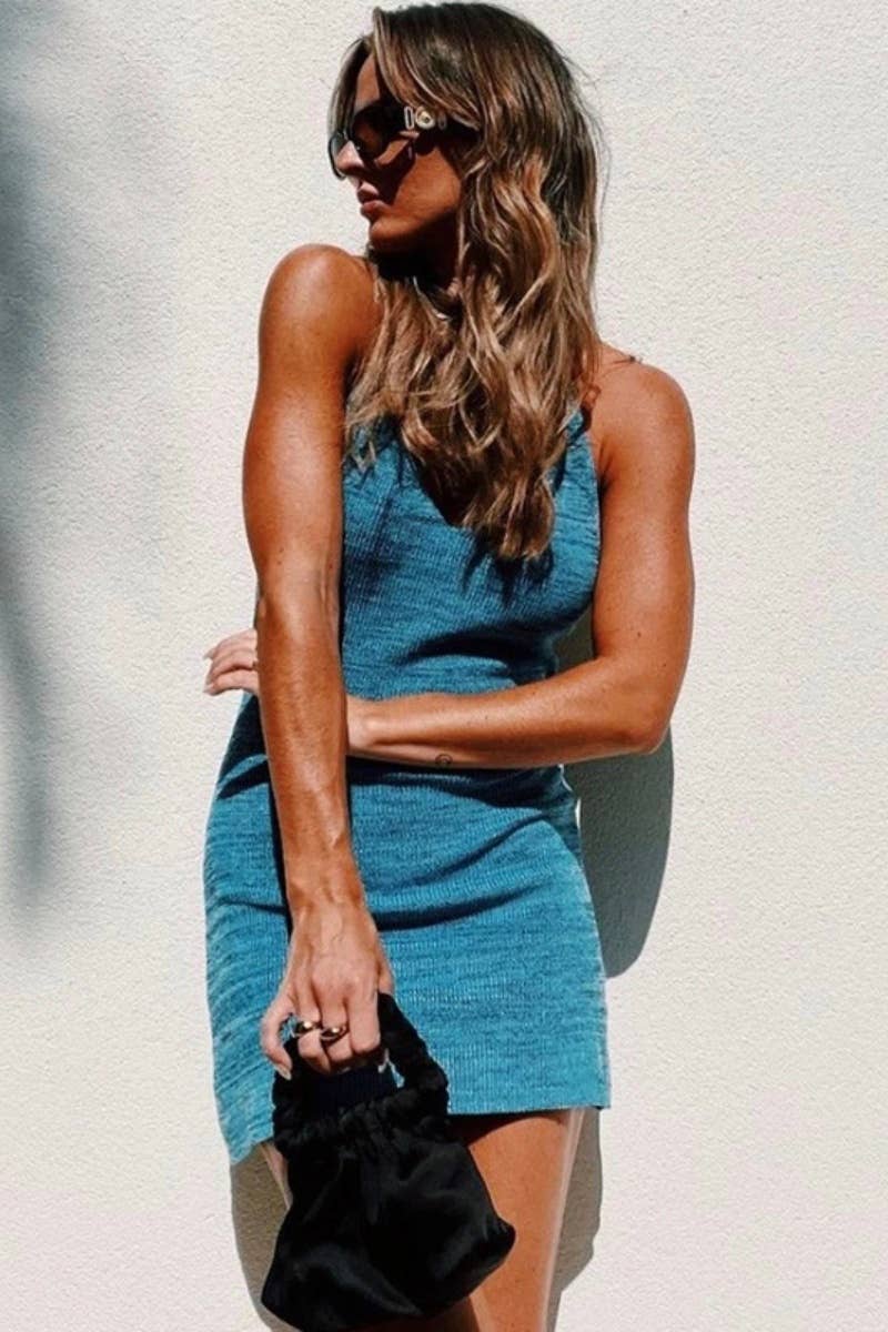 CWDSD3964_SOLID COLOR HALTER HALTER WAISTLINE KNIT DRESS