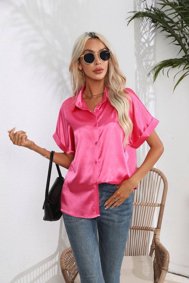 CWTBLS0406_Button Down Silky Satin Short Sleeve Top