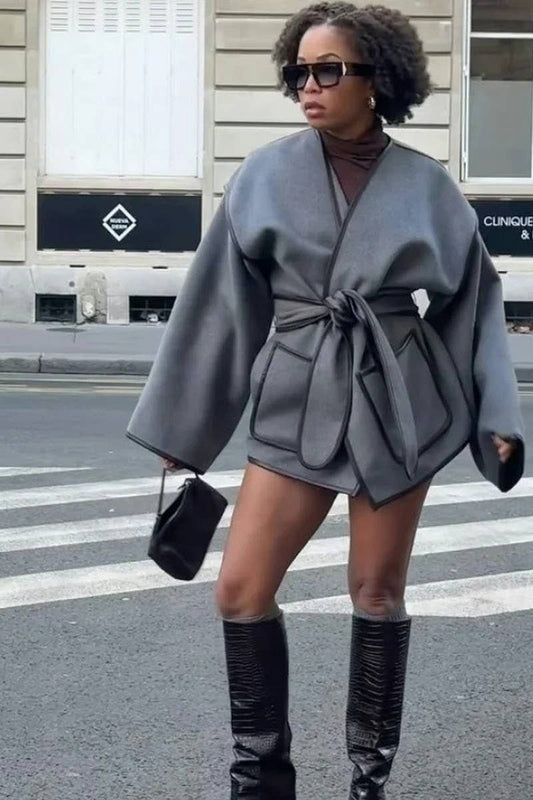 CWOCO1067_LOOSE RETRO GREY BELTED WOOLEN COAT