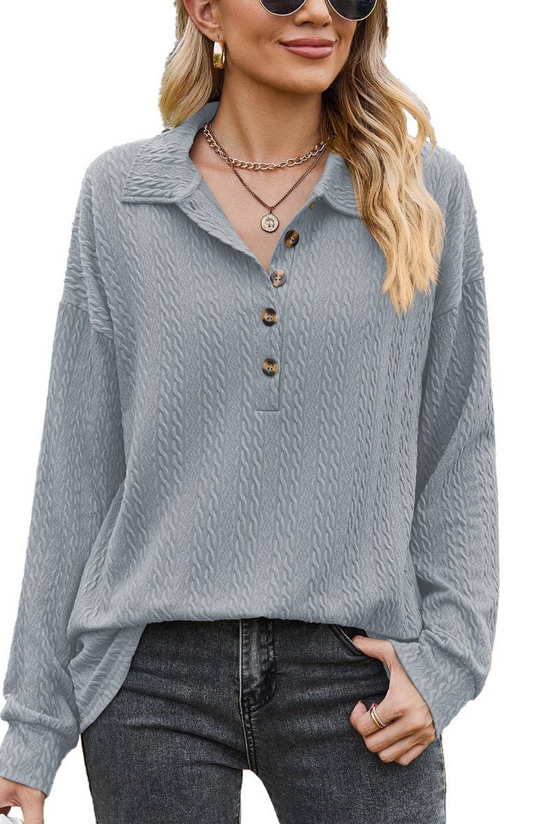 CWTBLL2415_SOLID COLOR LAPEL BUTTON LOOSE LONG SLEEVE TOP