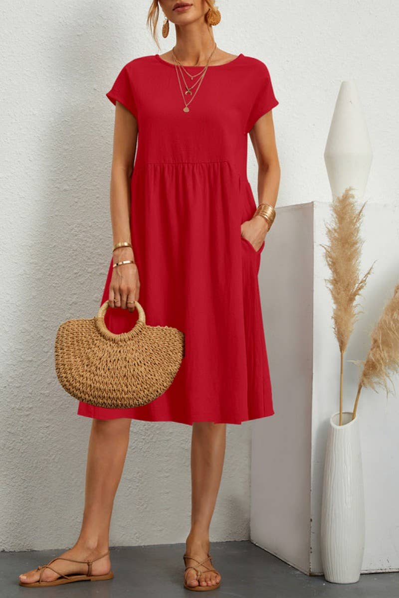 CWDSD7975_SUMMER TEMPERAMENT ROUND NECK A-LINE LOOSE DRESS