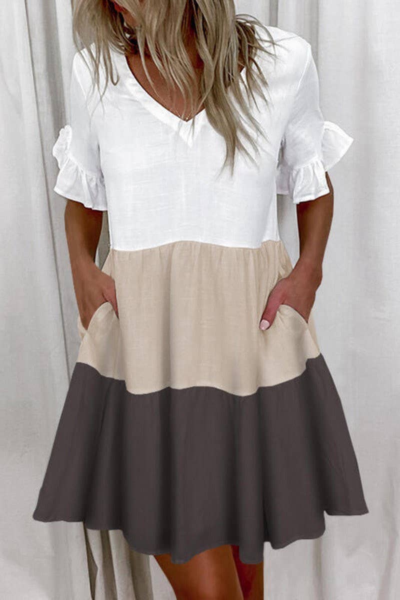 CWDSD8672_FASHION SHORT PRINTED RUFFLE POCKET DRESS