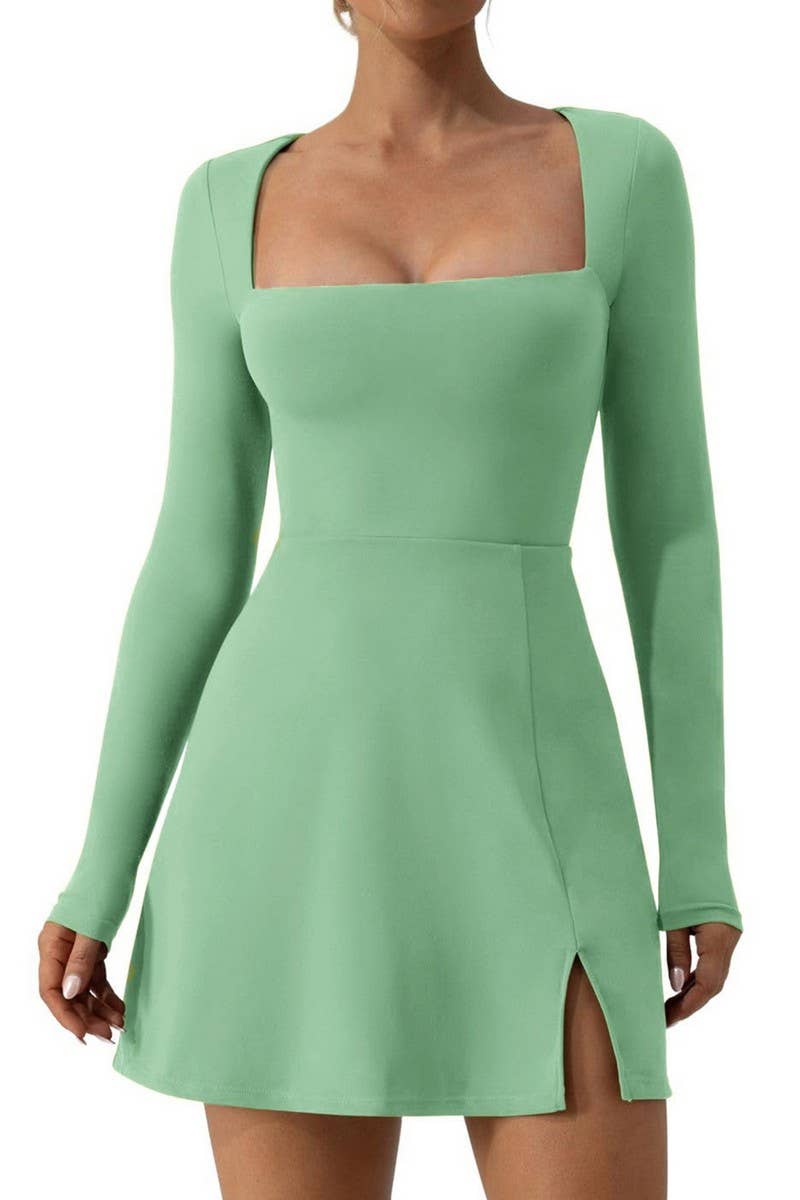 CWDSD8464_SQUARE NECK CORSET SLEEVE SLIT FLARE MINI DRESS