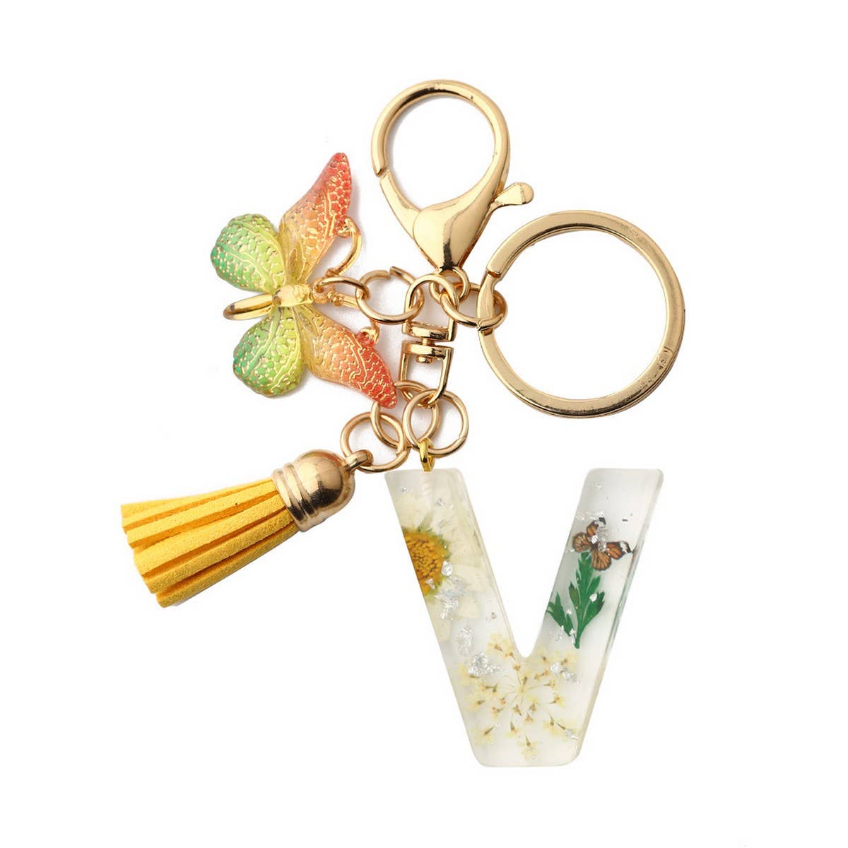 Flower Letter Keychain with Yellow Butterfly Charm_CWAB5090