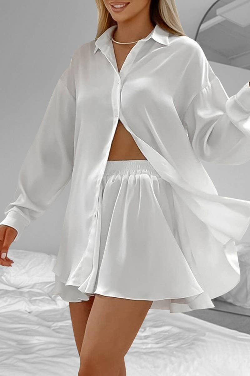CWSPJ0191_WHITE SATIN LONG SLEEVE SHORTS PAJAMAS HOME SET