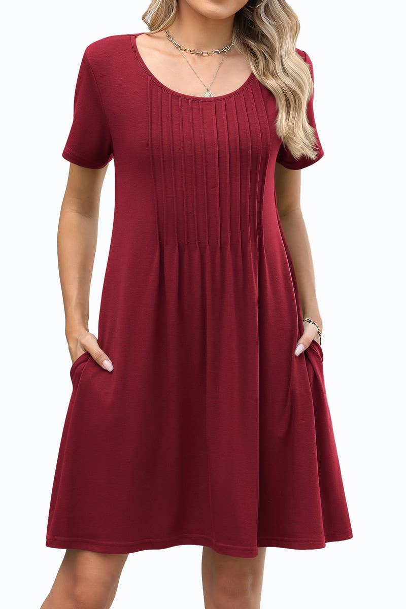 CWDSD8722_SOLID CREW NECK POCKET SHORT SLEEVE DRESS