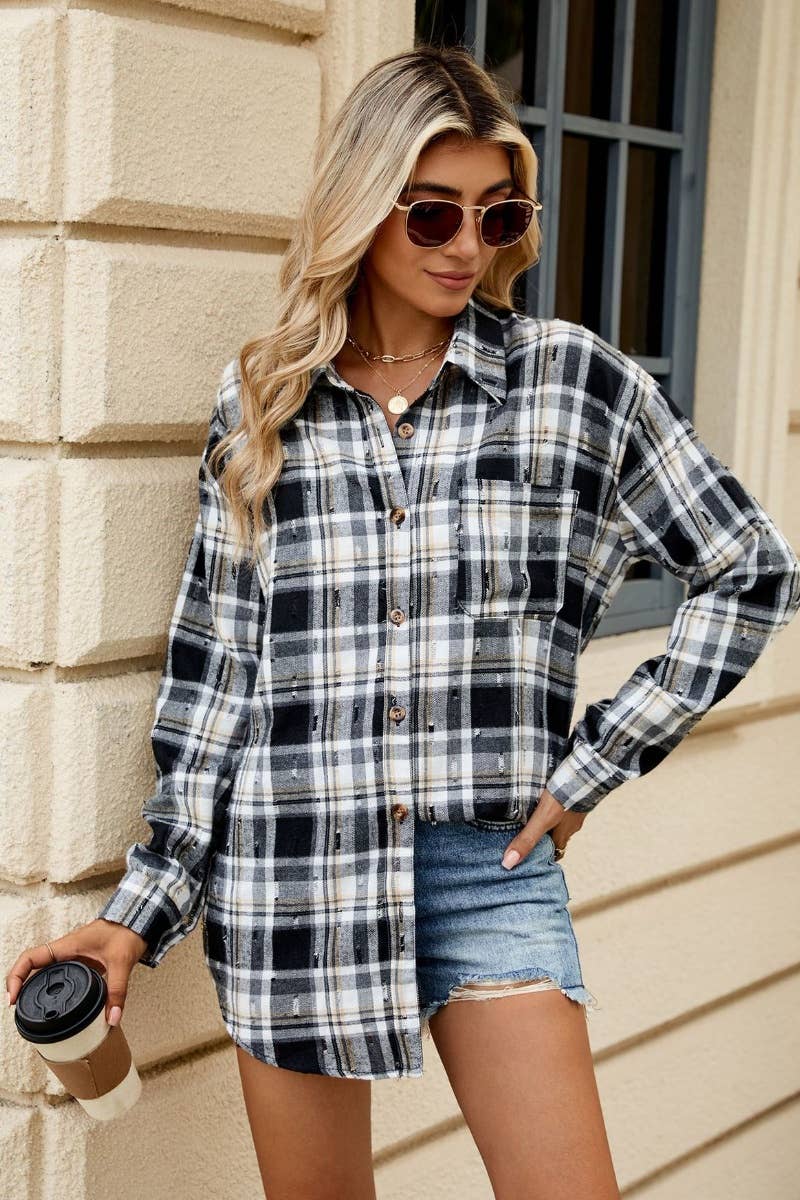 CWTSTL2256_AUTUMN VINTAGE PLAID LONG-SLEEVED SHIRT TOP